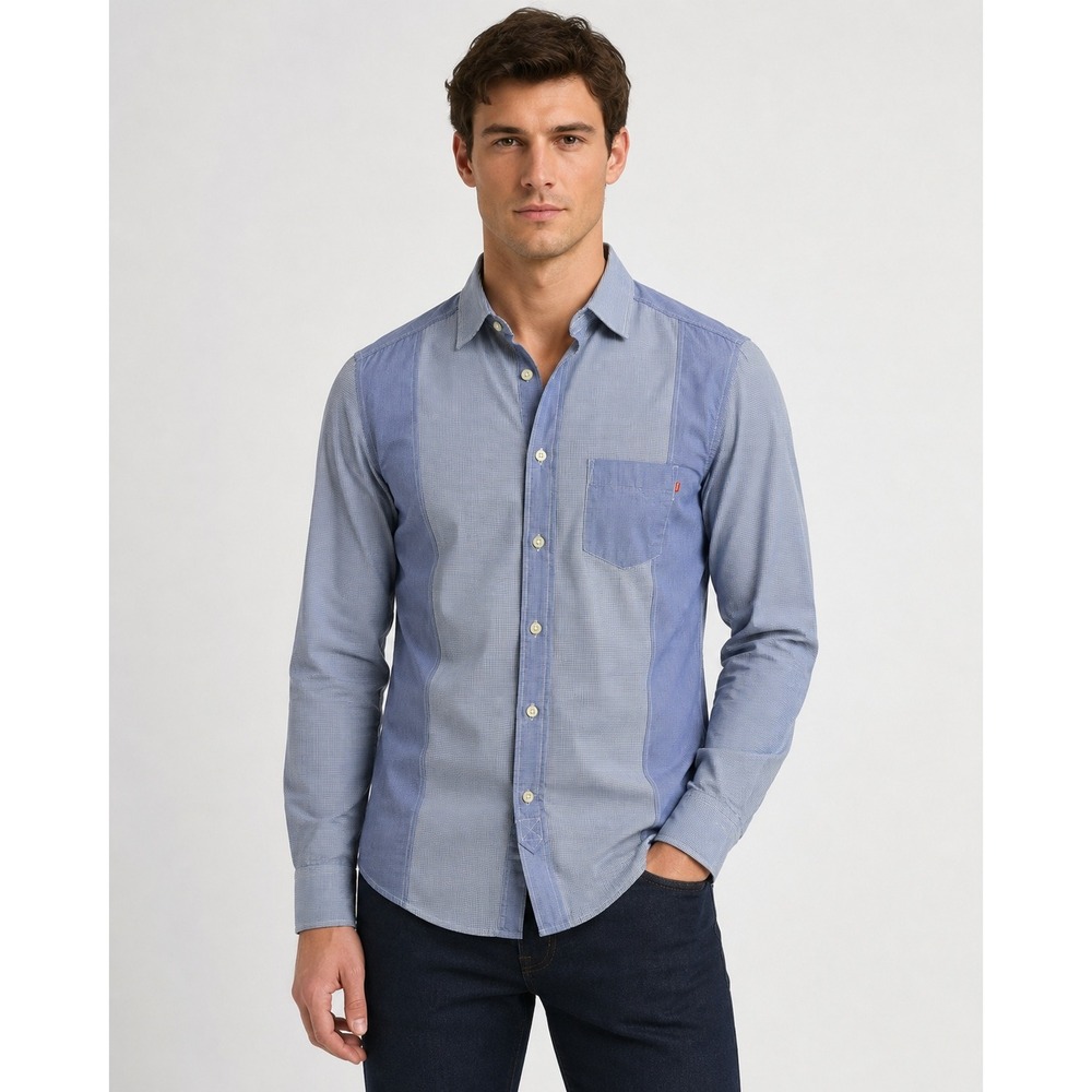 Hugo Boss Orange Mens M Blue Micro Check Patchwork Panel Button Up Shirt